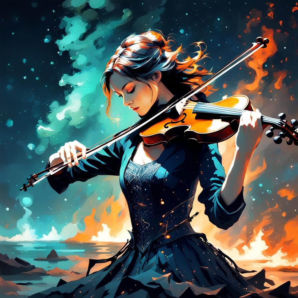 Woman Playing Violin on Starry Night Sky
