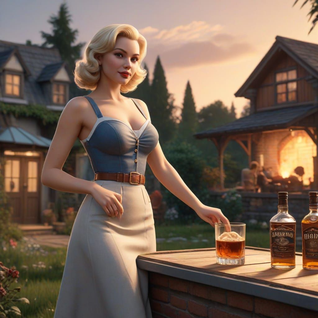 Vintage-Inspired Pin-Up Girl in Whimsical Sunset Scene