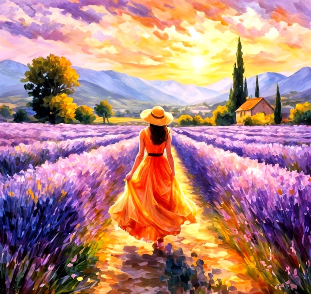 Woman Walking Through Lavender Fields in Vibrant Impressioni...