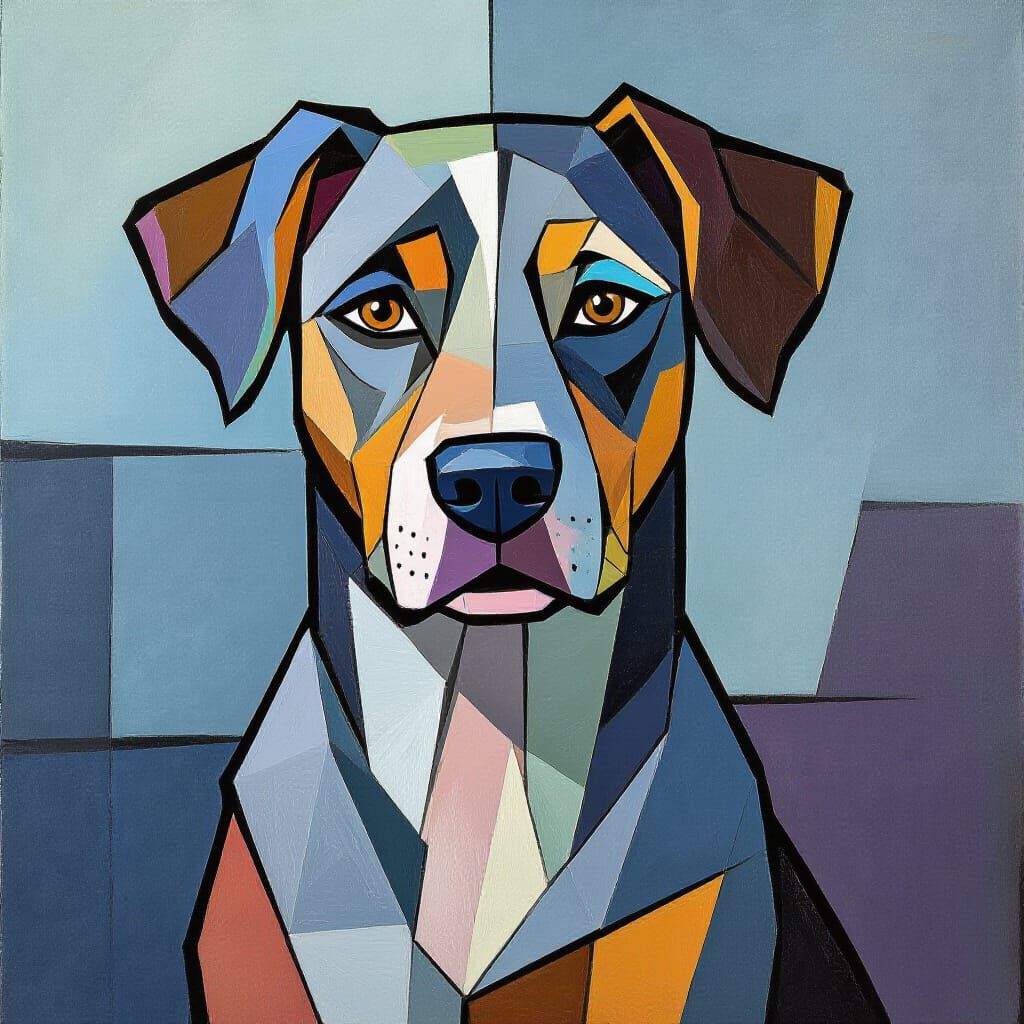 Cubist Braque du Bourbonnais Dog in Muted Blues and Greys