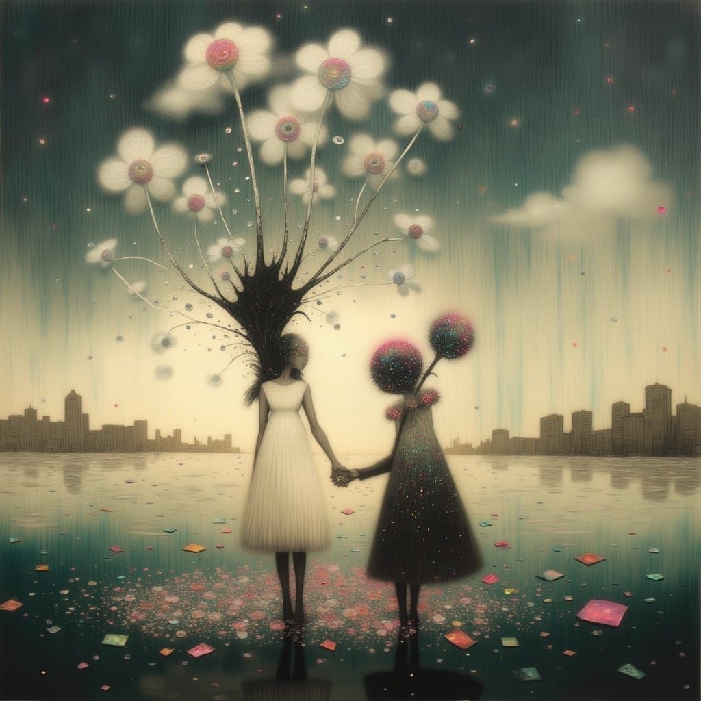 Regal Couple Walking on Water in Dreamy Landscape