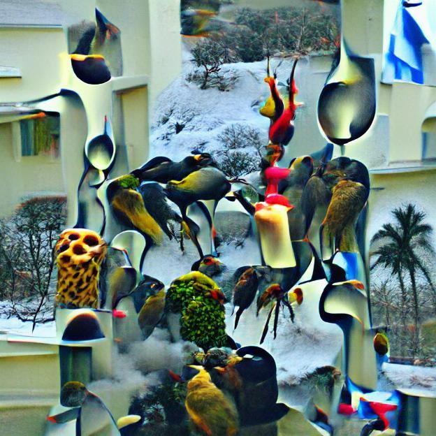 Birds Feeding in Winter: Maximalist Surrealism