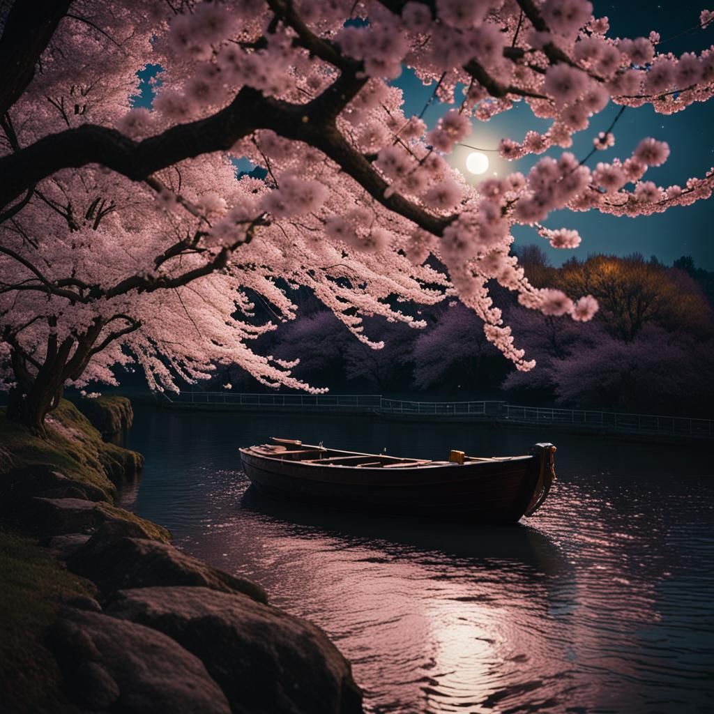 Boat Under Cherry Blossoms in Moonlight: Cinematic Still