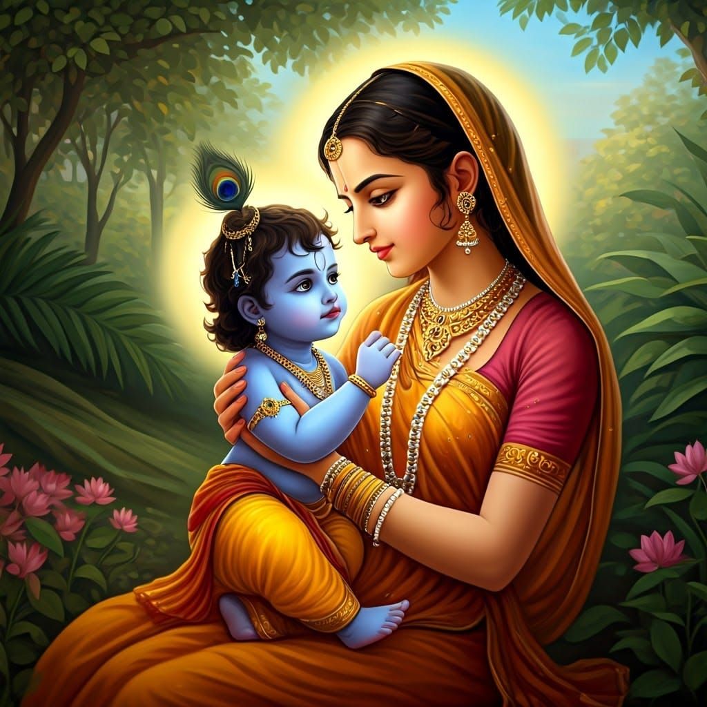 Krishna and Yashoda: Indian Miniature Art Depiction