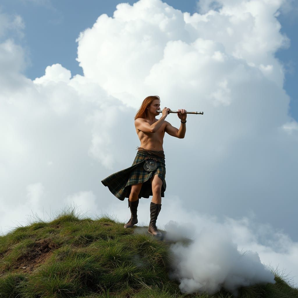 Celtic Man and Shirtless Woman on Cloud