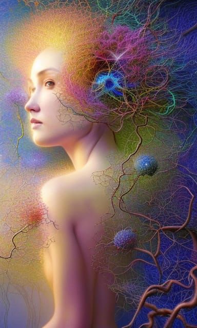 Surreal Brain Network with Flowers in Digital Art
