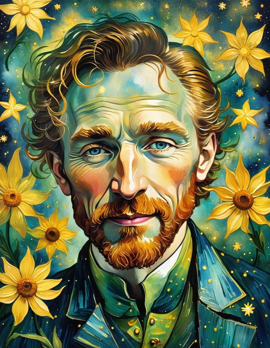 Van Gogh Self-Portrait with Sparkling Stars, Alcohol Ink