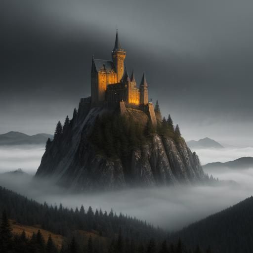 Majestic Medieval Castle on Misty Mountain Peak