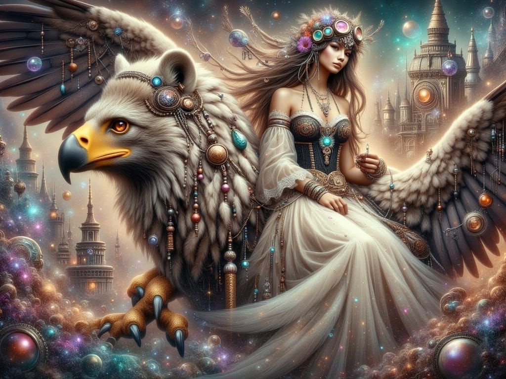 Steampunk Fantasy Goddess Rides Griffin Through Victorian Ci...