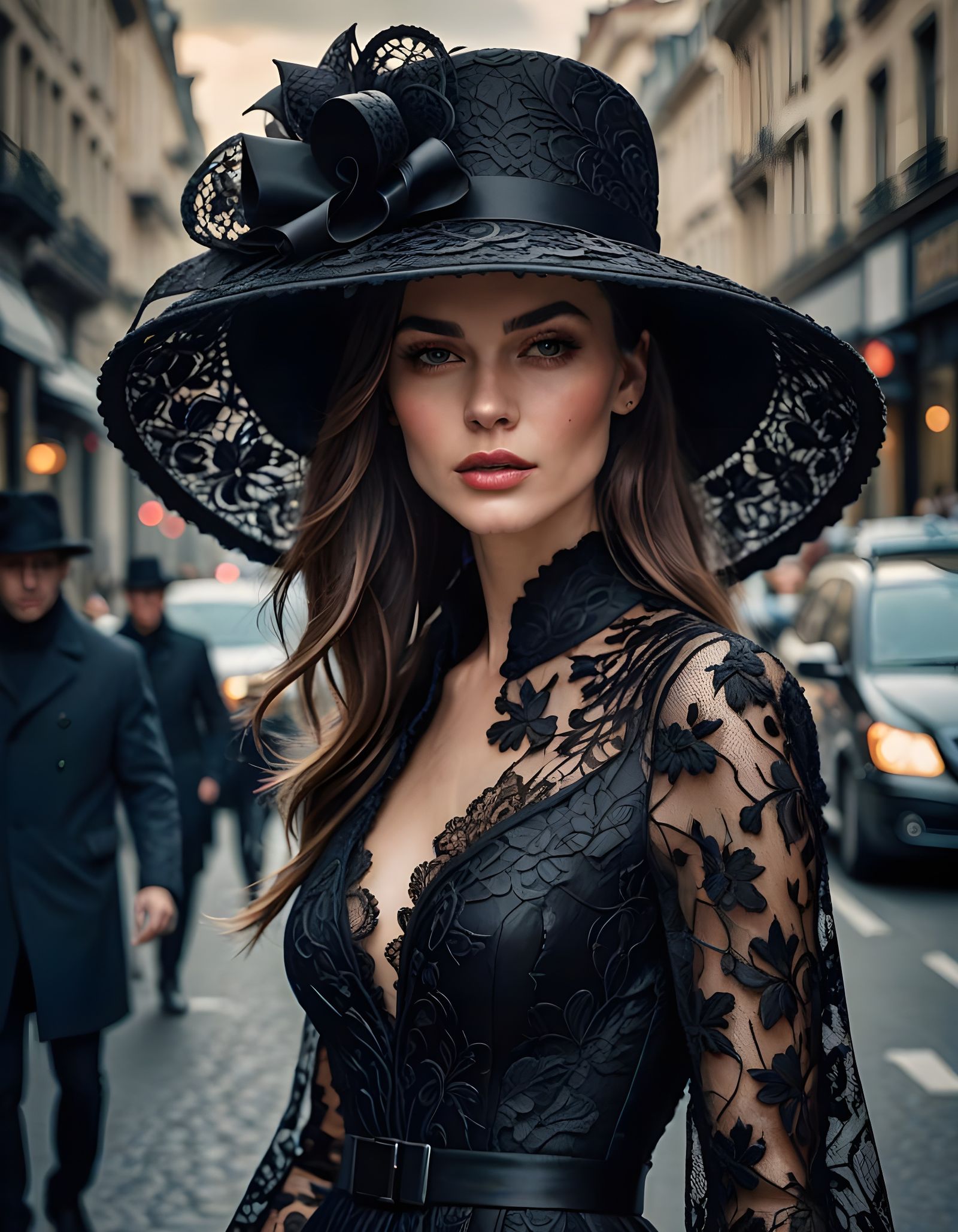 Model in Couture Hat, Hyperrealistic Street Style