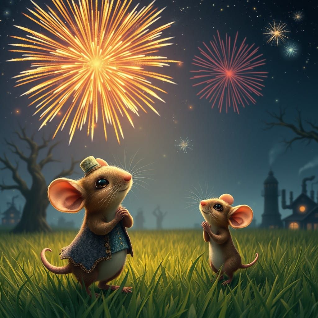 Whimsical Mouse Family Under Starry Night Sky in Victorian S...