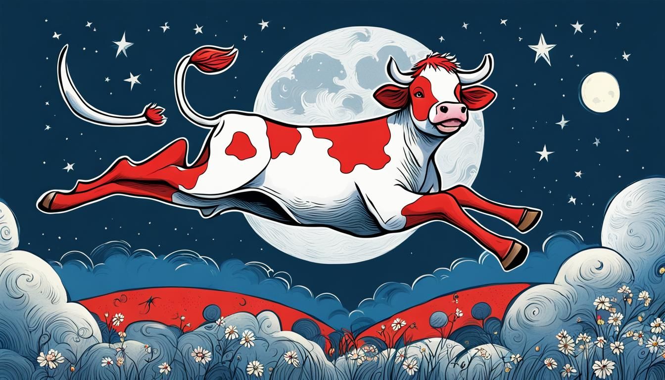 Whimsical Cow Jumps Over the Moon Illustration