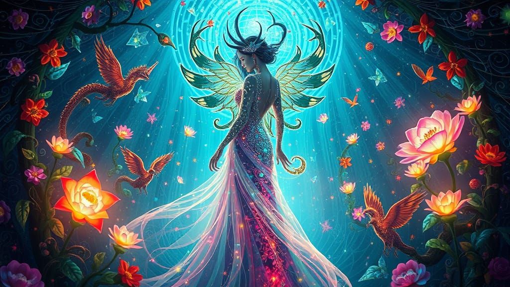 Mystical Woman in Vibrant, Dreamlike Labyrinth of Light and ...