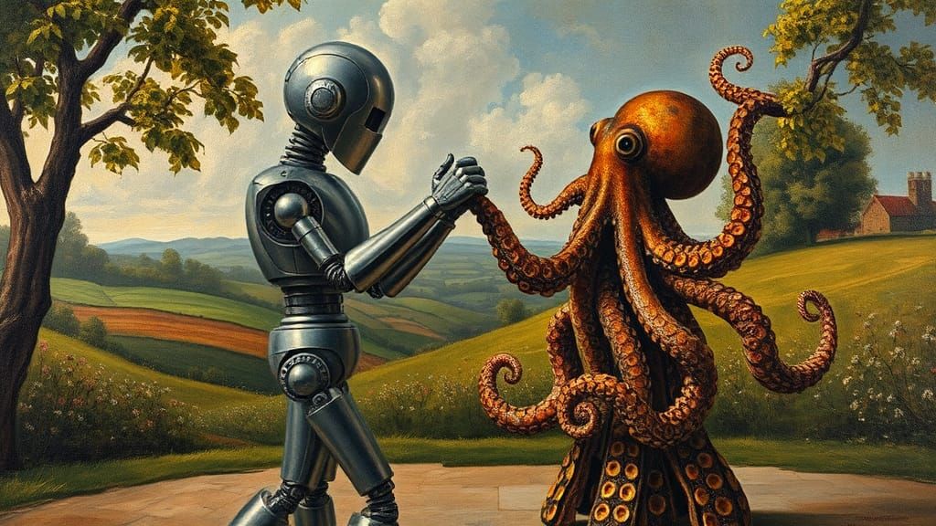 Robot and Octopus Waltz: An Impasto Oil Painting