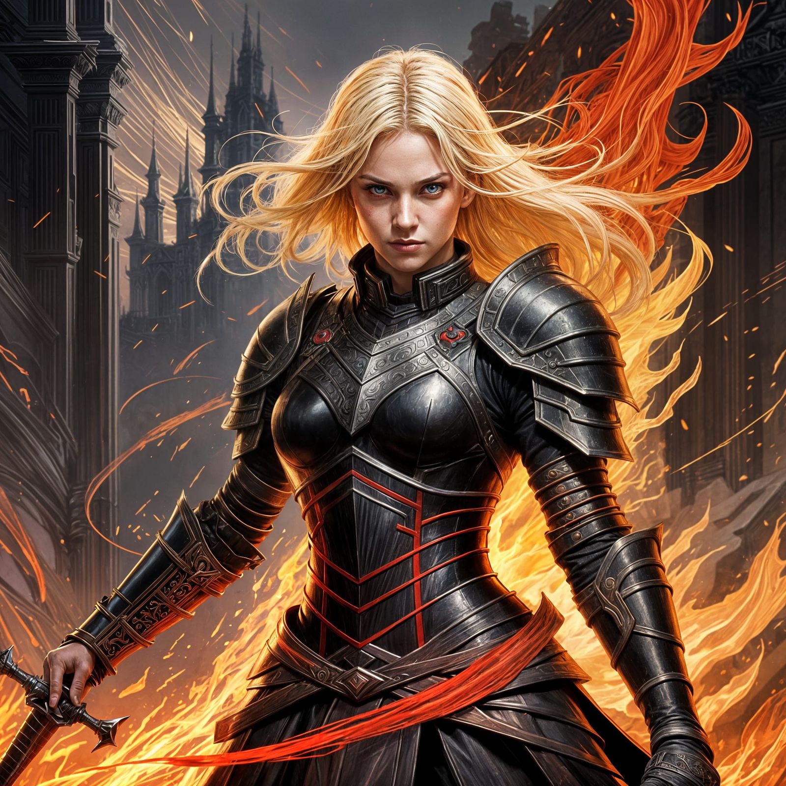 Armored Warrior in Fiery Dark Fantasy Style