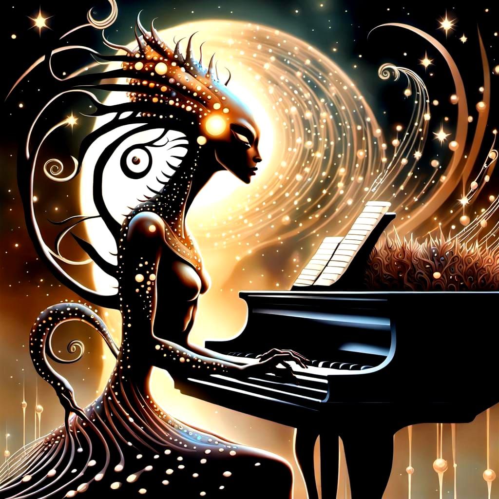 Alien Druid Hybrid Plays Piano: Surreal Digital Art