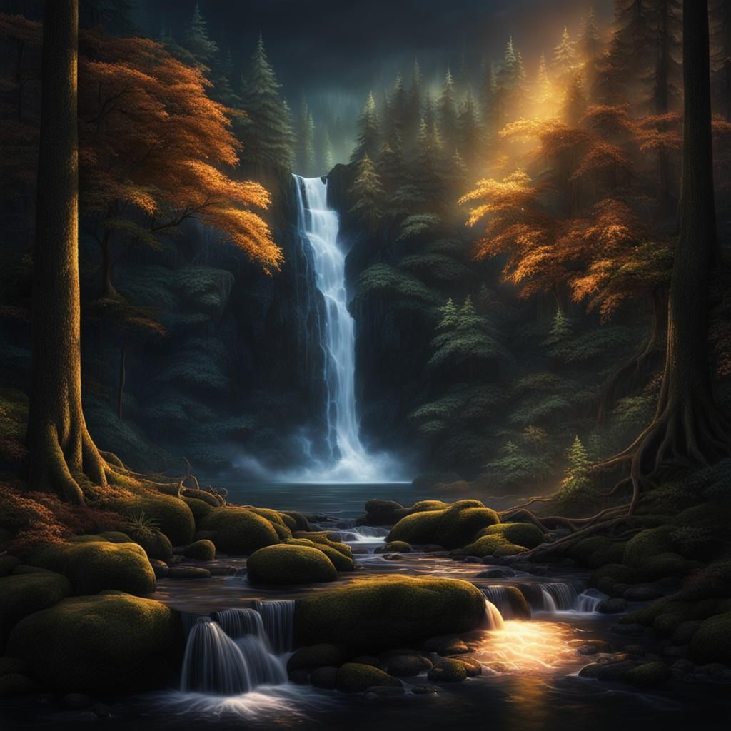 Enchanted Forest Waterfall Bathed in Light