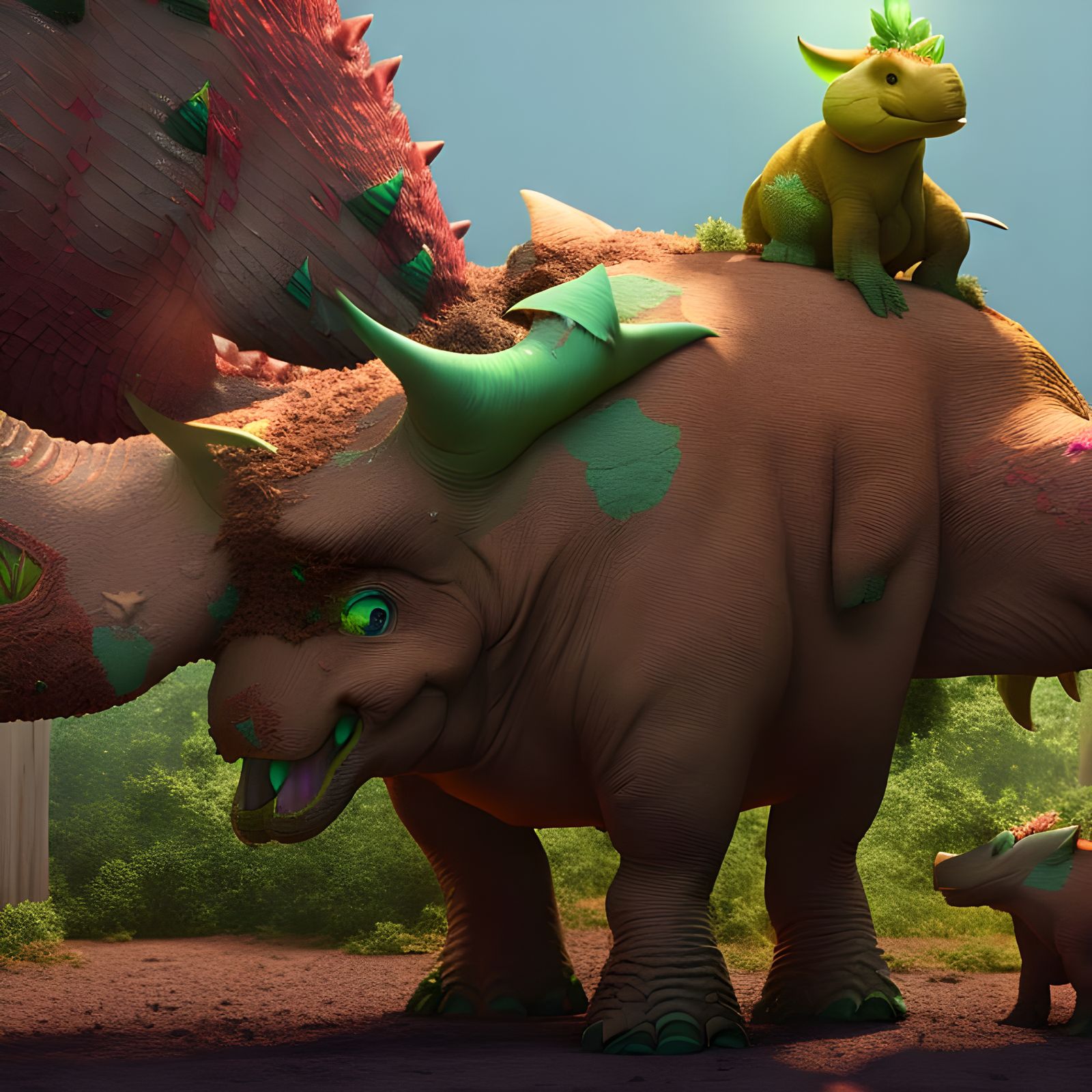Fantastical Triceratops Family in Detailed Digital Painting