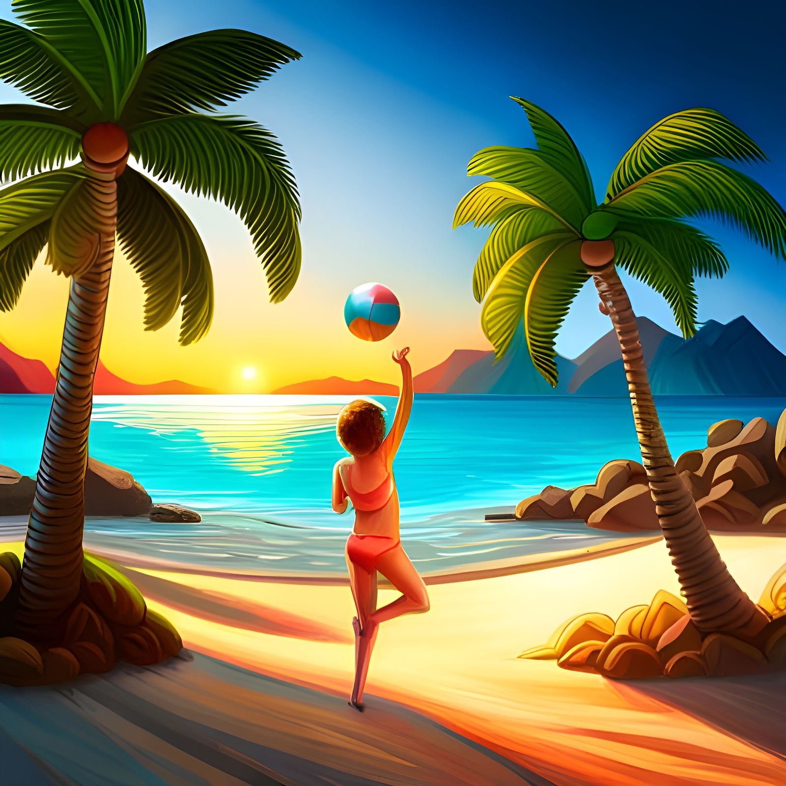 Tropical Beach Scene with Children Playing Ball