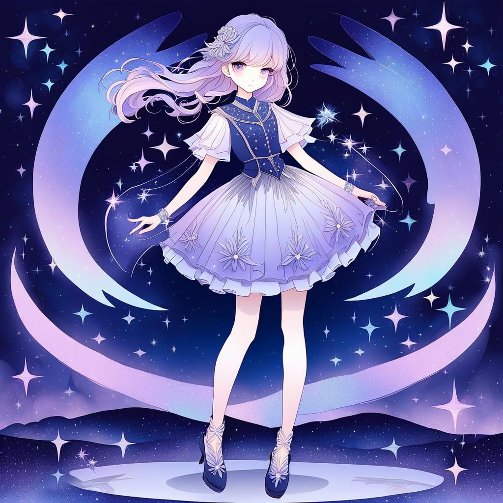 Pastel Manga Teen Girl in Starry Night Sky