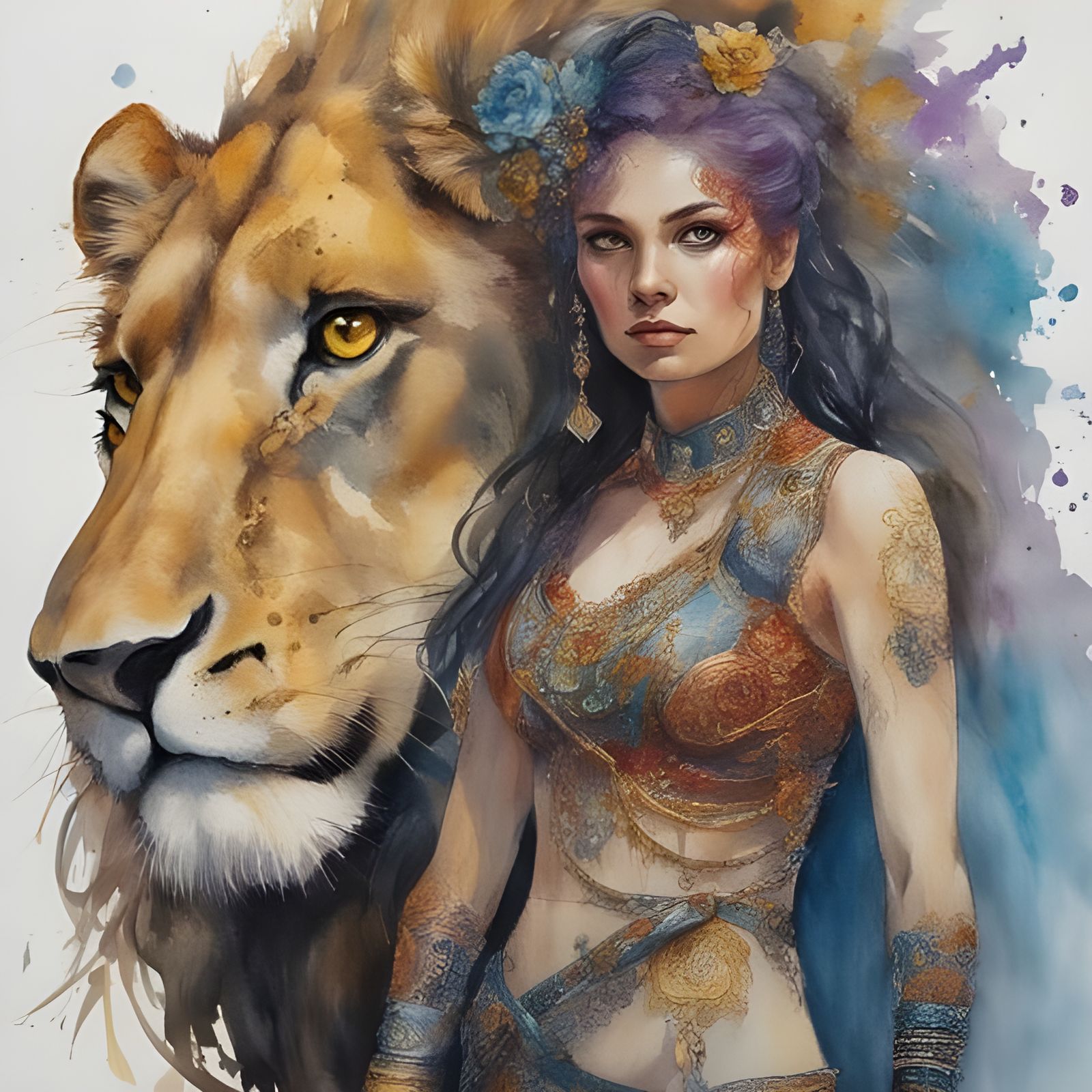 Lion-faced Woman Portrait in Watercolor Style