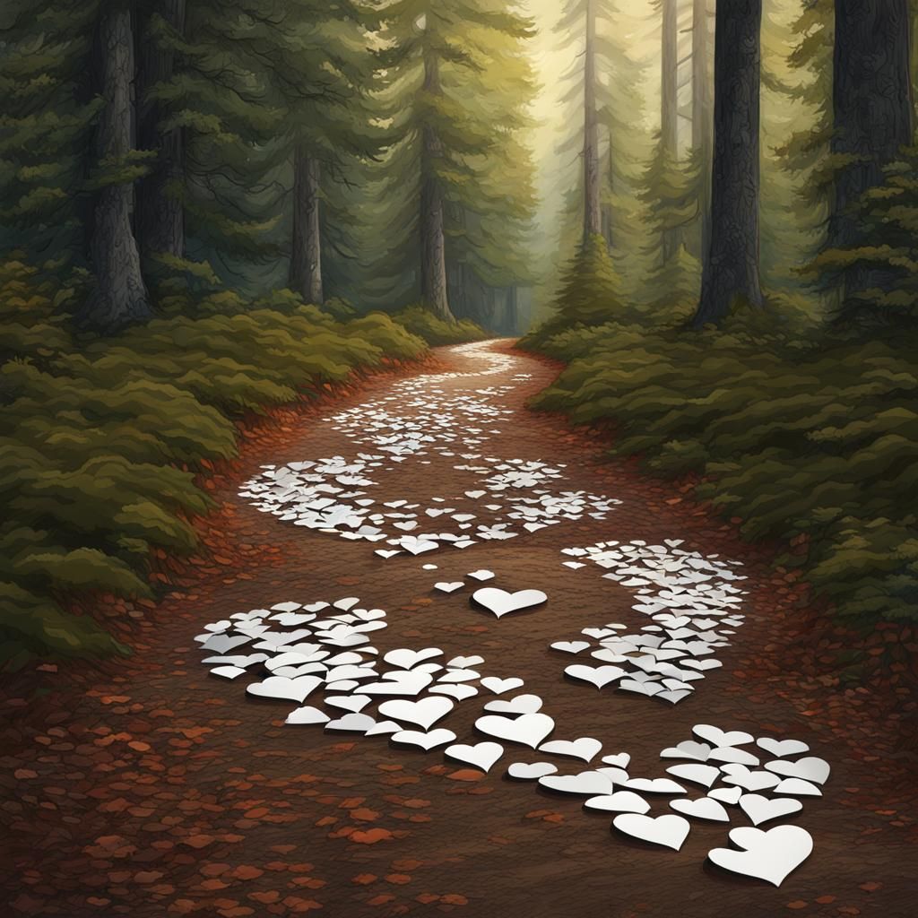 Photorealistic Trail of Broken Hearts in Forest