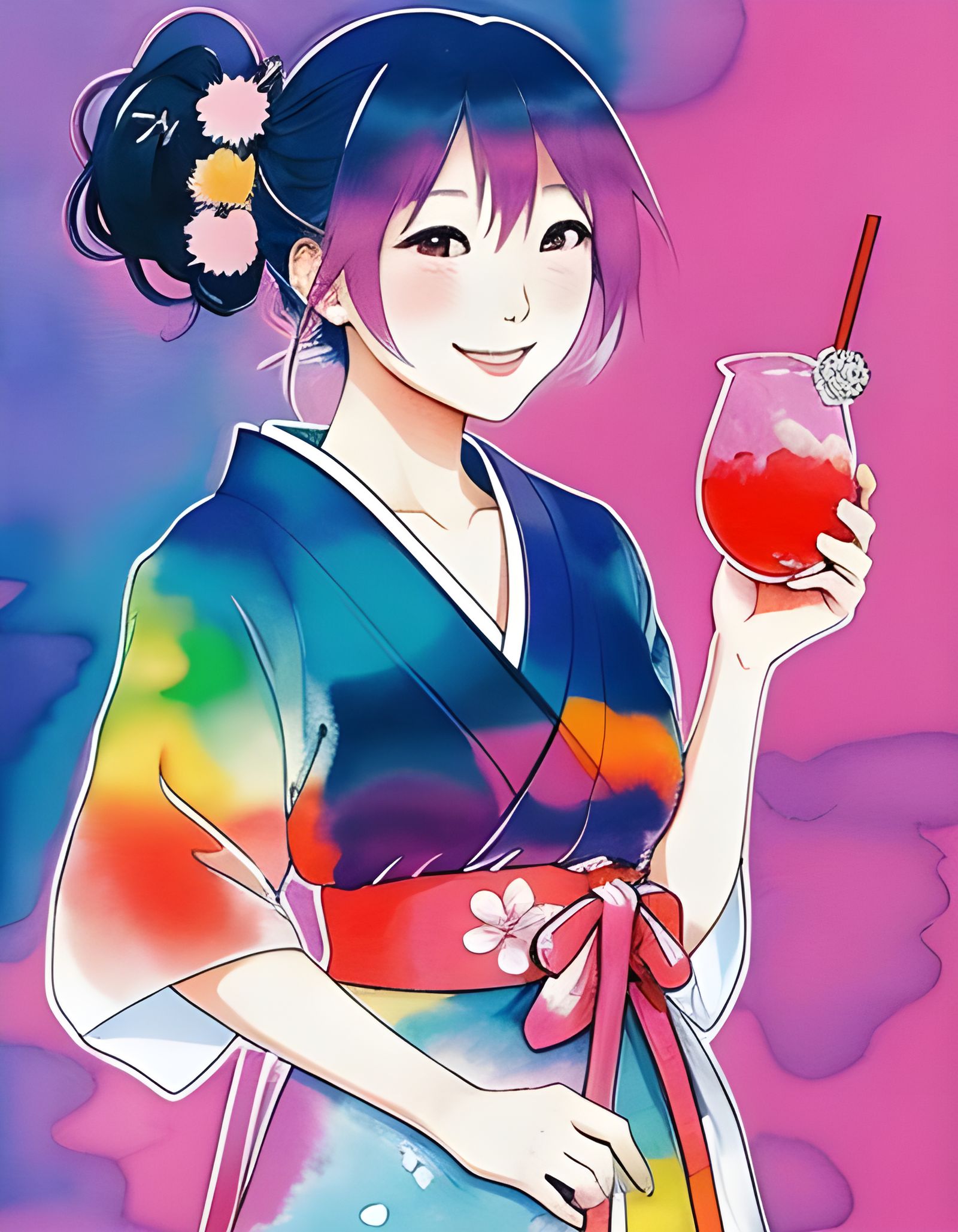 Happy Japanese Woman in Paul Klee Style with Ink