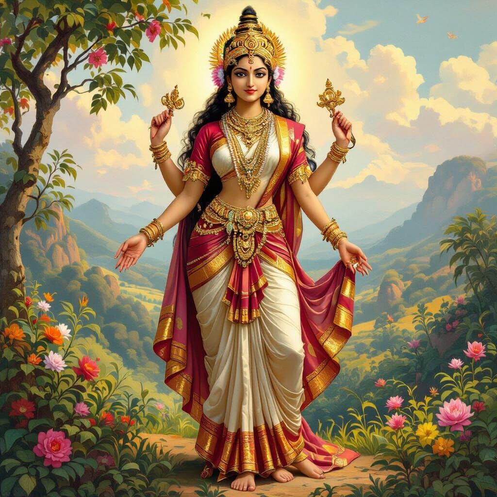 Elegant Hindu Goddess in a Vibrant Indian Landscape