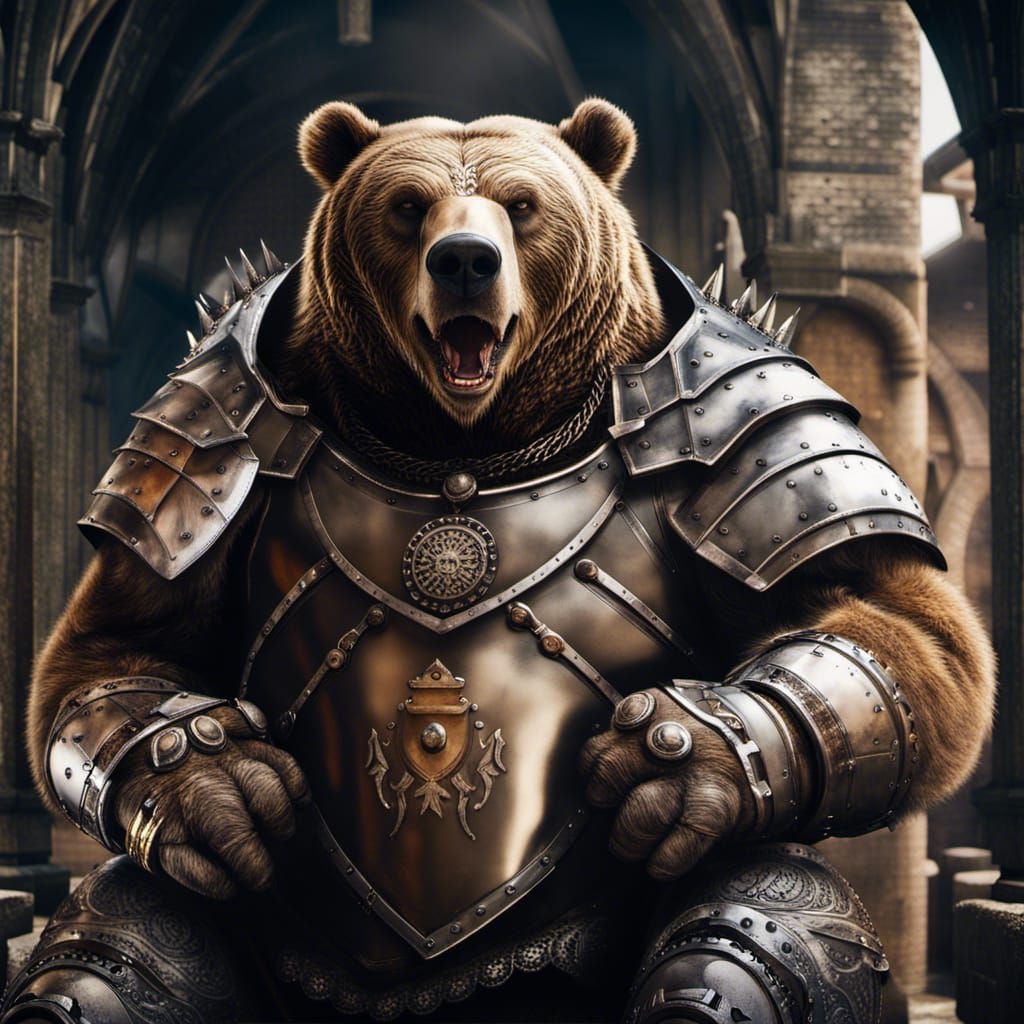 Armored Grizzly Bear in Medieval Setting: Epic Portrait