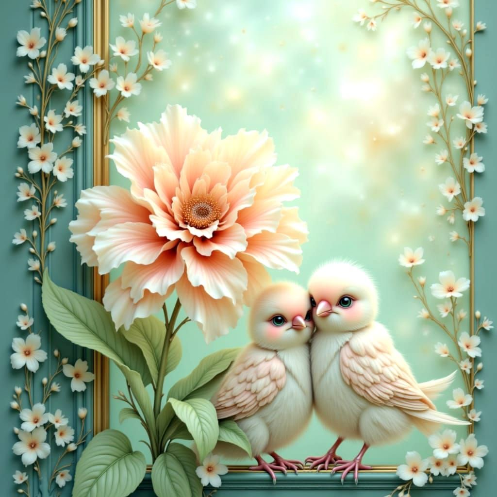 Romantic Pastel Fantasy with Love Birds and Delicate Flower