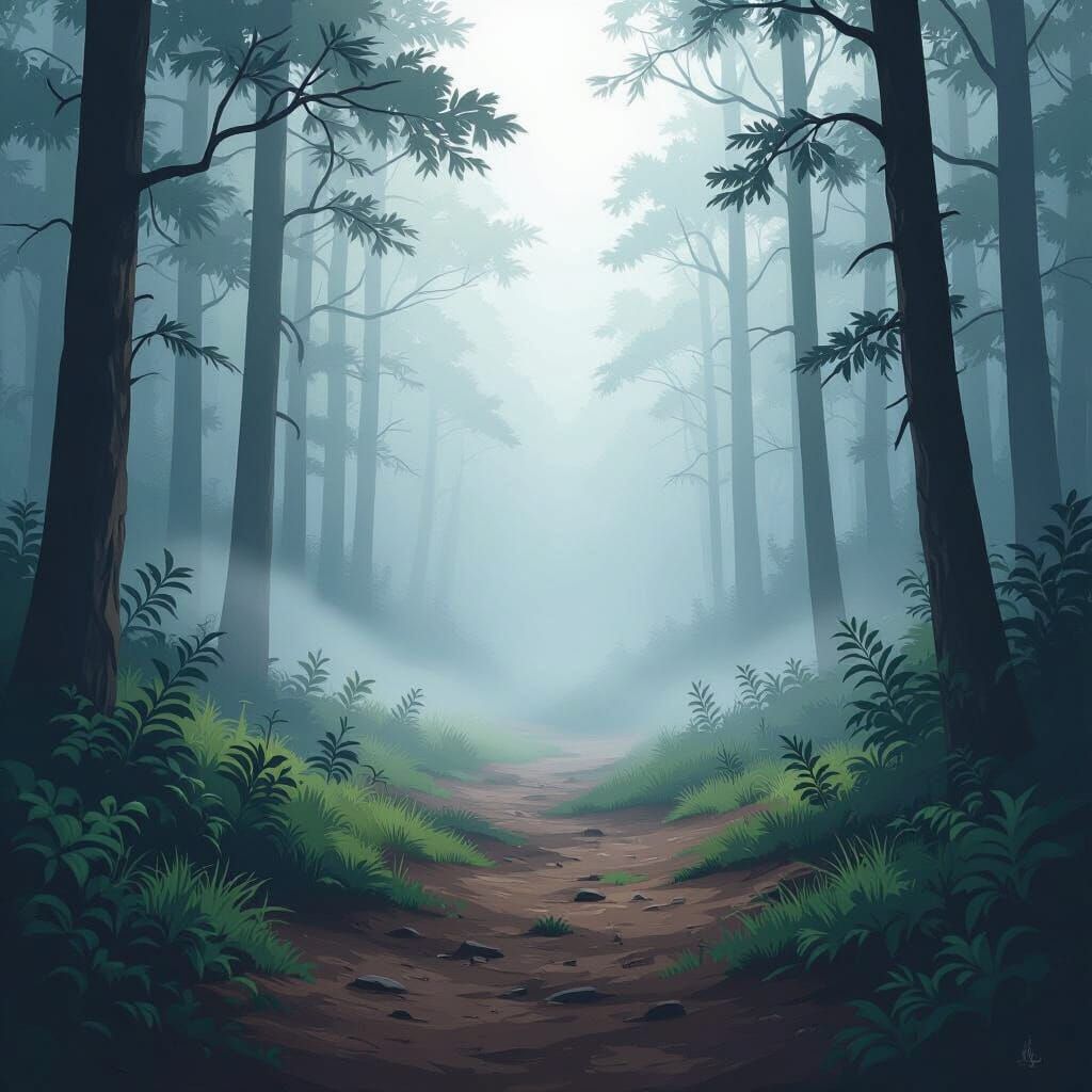 Cartoon Forest Path in Foggy Morning Light