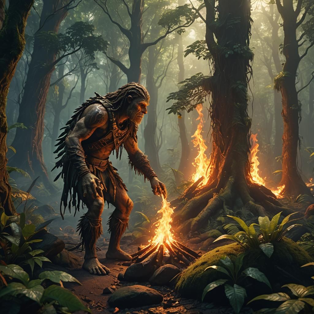 Prehistoric Human Discovers Fire in Lush Forest