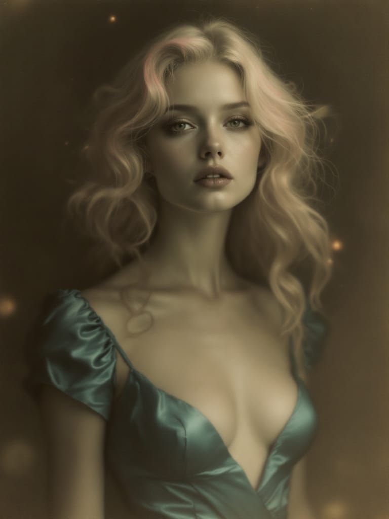 Blond Pin-Up Woman in Metallic Dress, Dreamlike Gothic Style