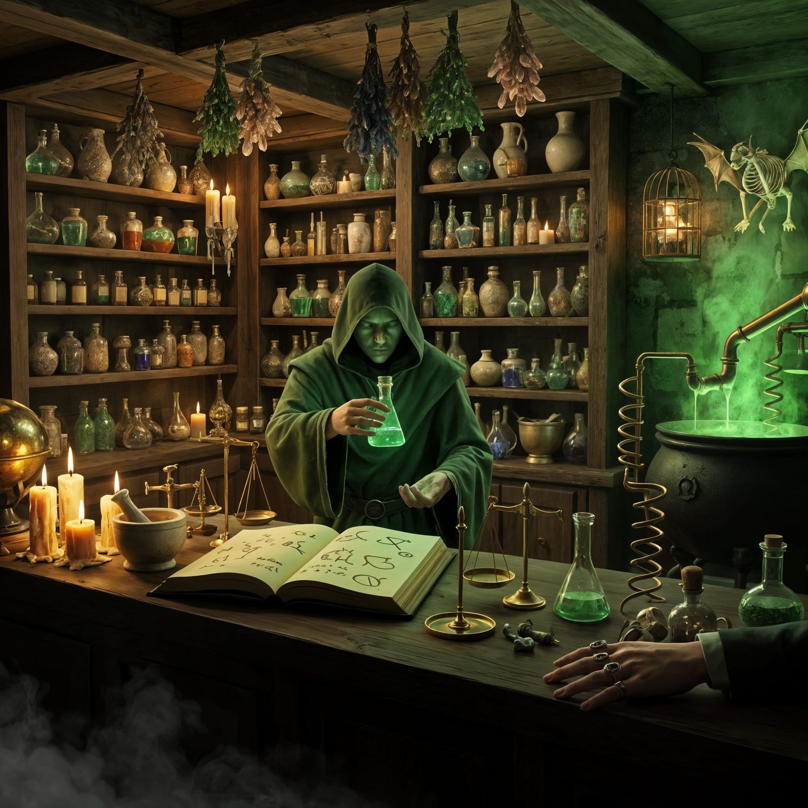 Cloaked Alchemist's Secret Potion Deal in Medieval Shop