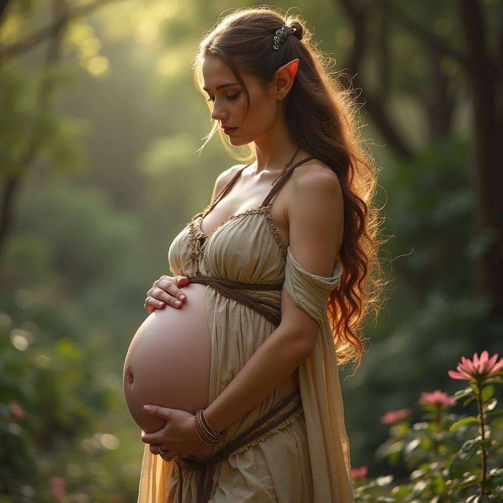 Pregnant elven woman holding her baby bump wearing flowing clothes