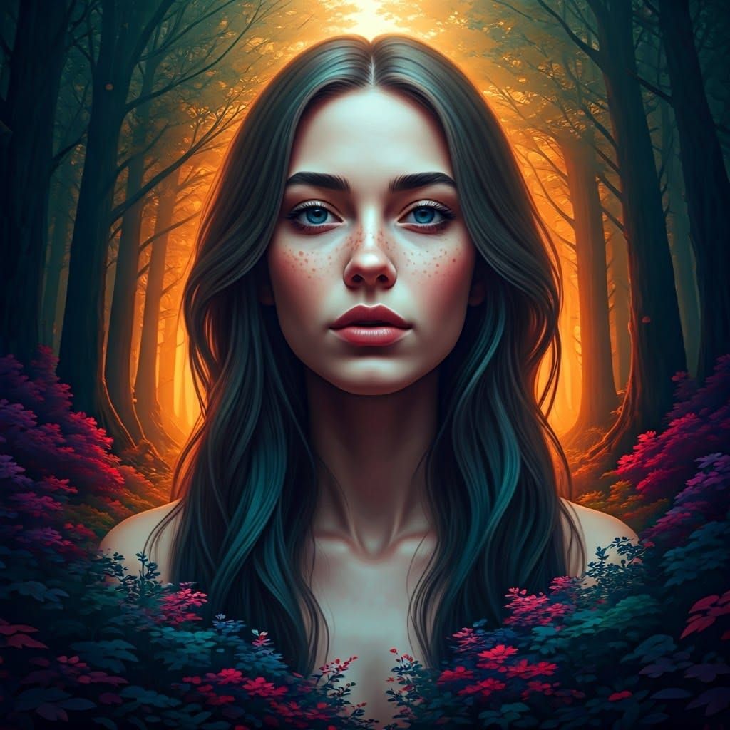 Surreal Portrait of a Woman in a Whimsical Forest Landscape