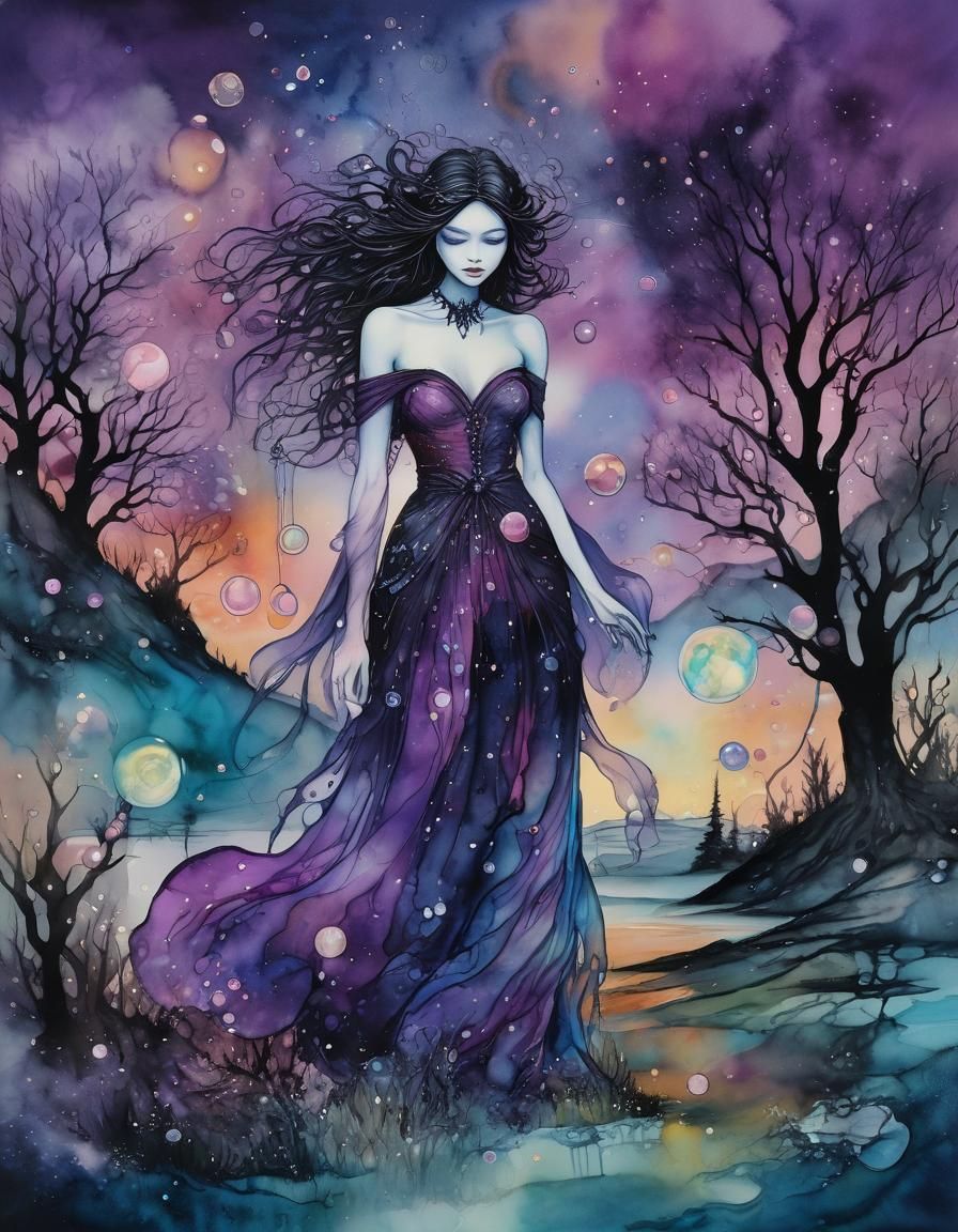 Otherworldly Alcohol Ink Enchantress Summons Spirit Bubbles
