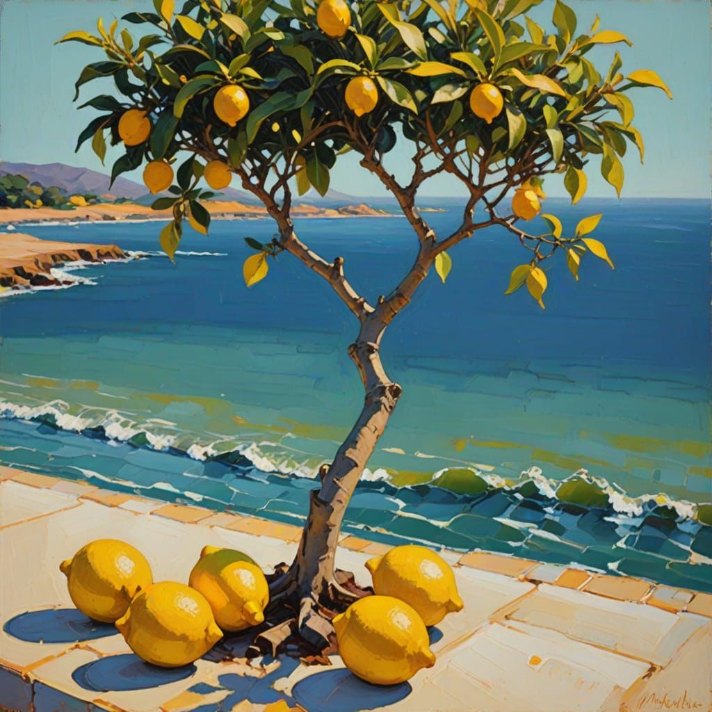 Abstract Expressionist Lemon Tree by the Ocean