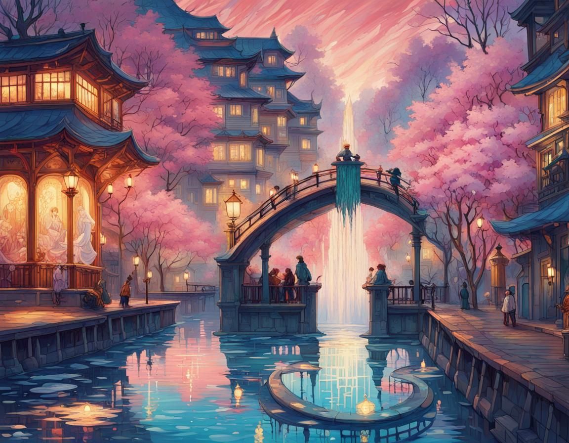 Gorgeous Fantasy Fountain in Acrylic Art Style