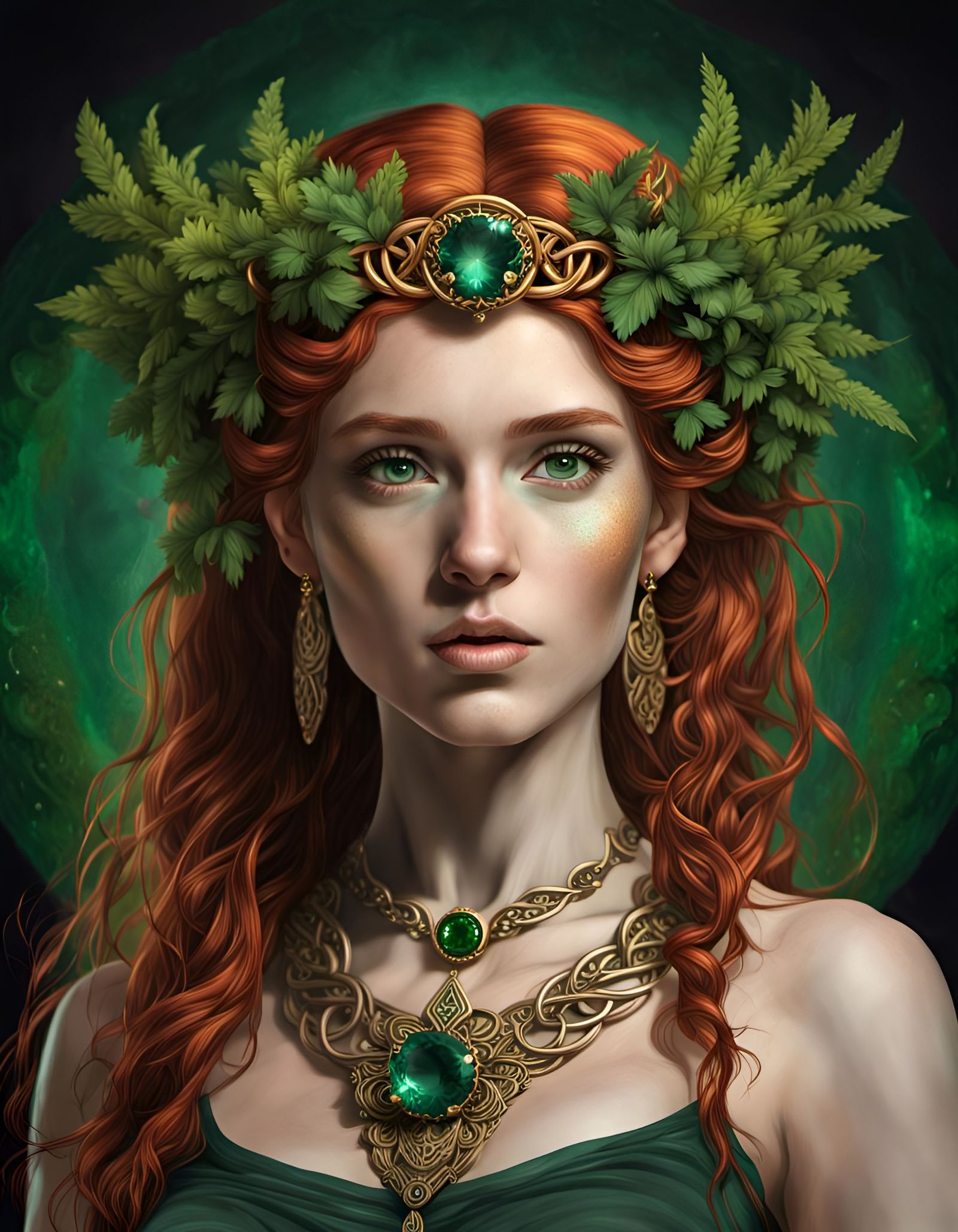 Fractal Celtic Goddess with Emerald Necklace