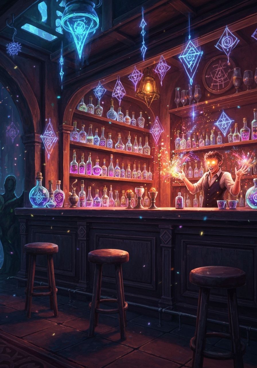 Magical Bar with Glowing Bartender Casting Spell