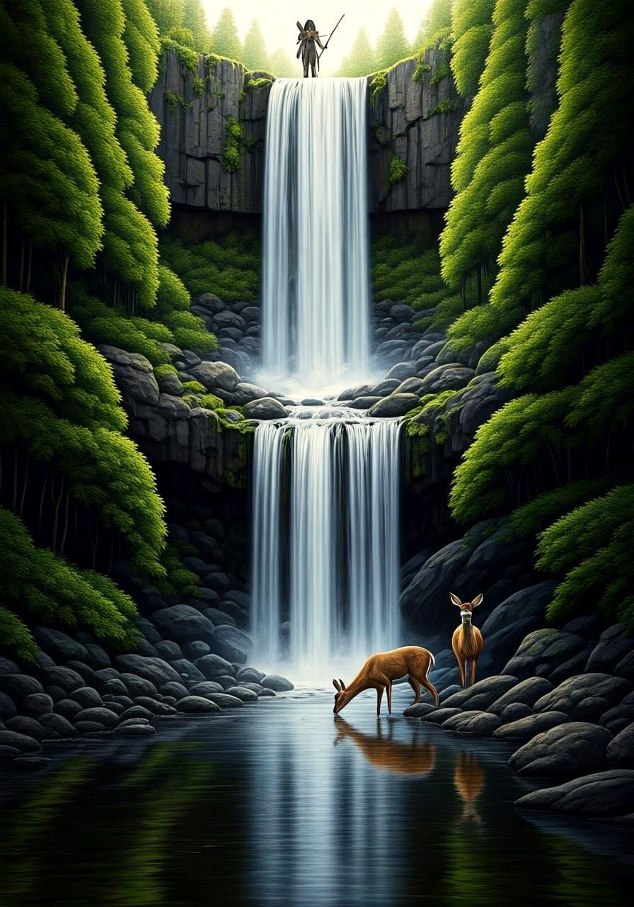 Ethereal Waterfall Scene in Charcoal and Pencil