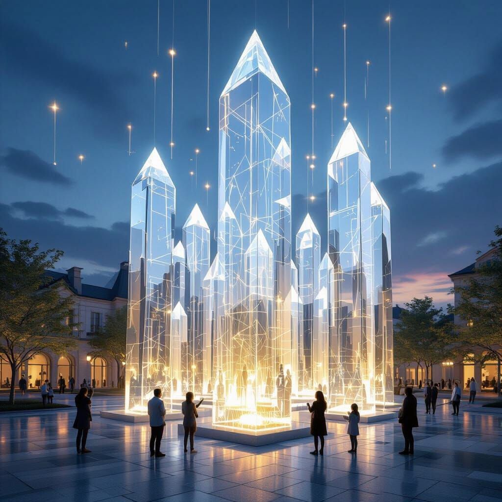 Crystal Blockchain Forest at Dawn in Surreal Style