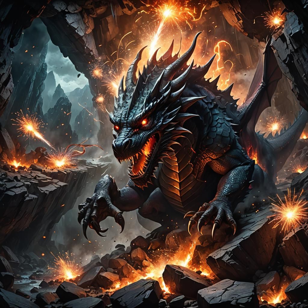 Dragons Exploding Fireworks in Dark Fantasy Cave