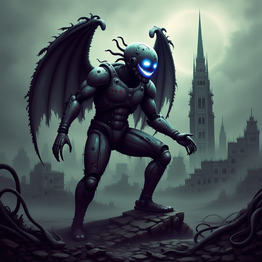 Cyberpunk Gargoyle with Glowing Eyes in Gotham