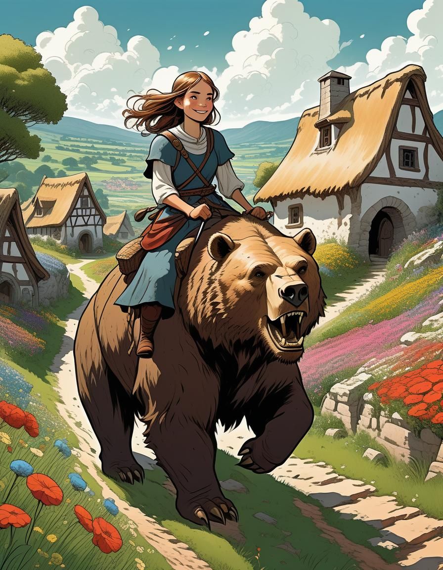 Adventuring Girl Rides Giant Bear Through Meadow