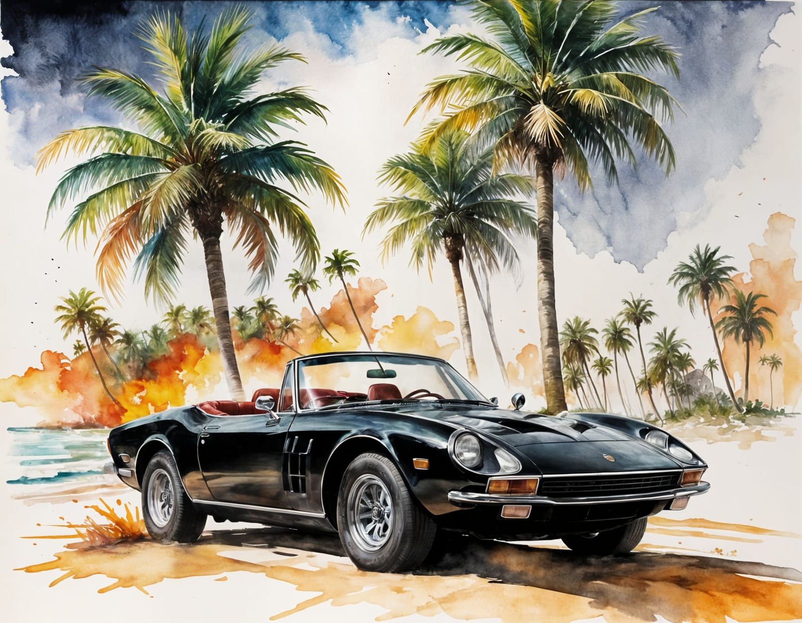 Miami Vice Inspired Synthwave Watercolor Landscape