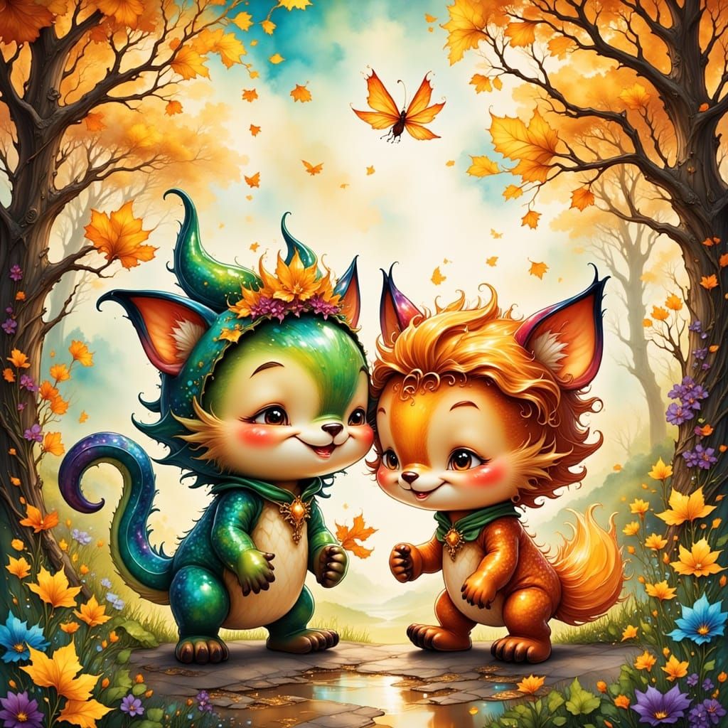 Cute Animals Play in Autumn Landscape