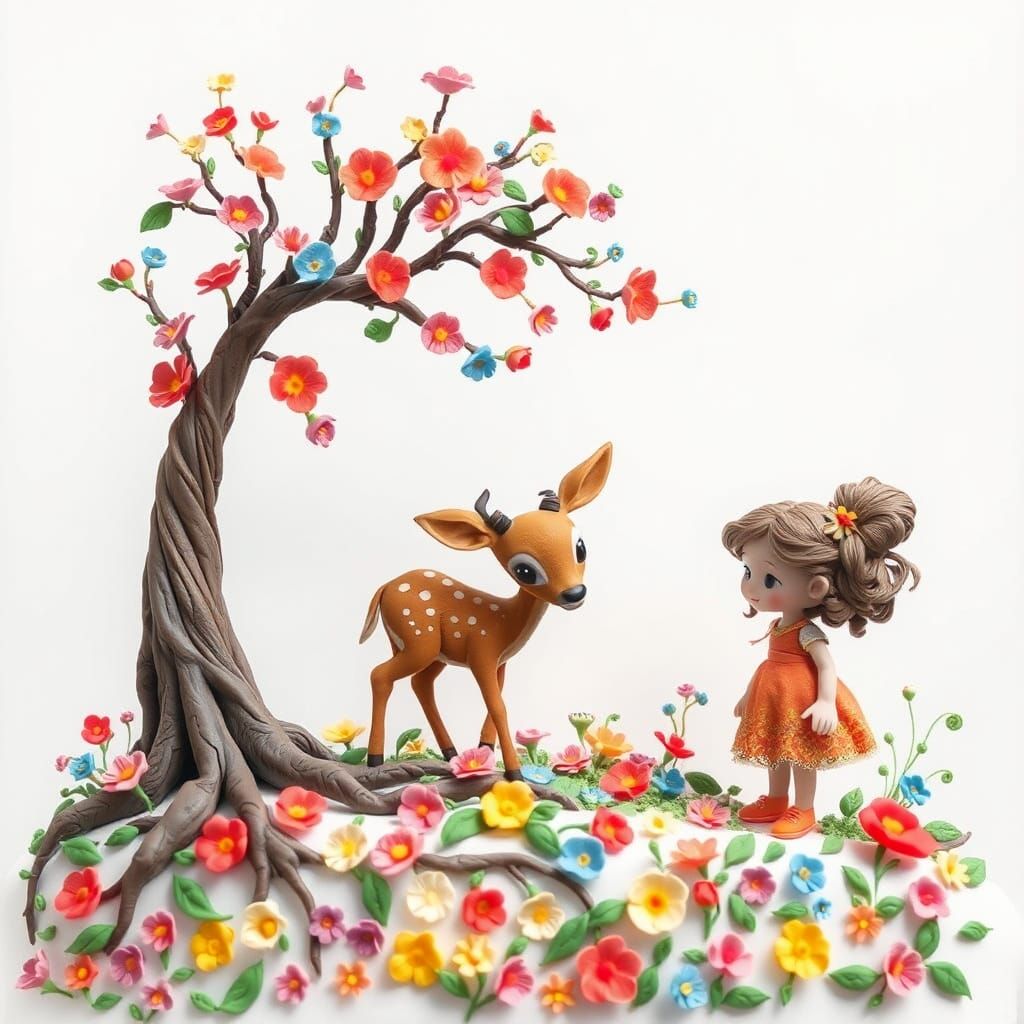 Whimsical Polymer Clay Scene with Deer and Girl