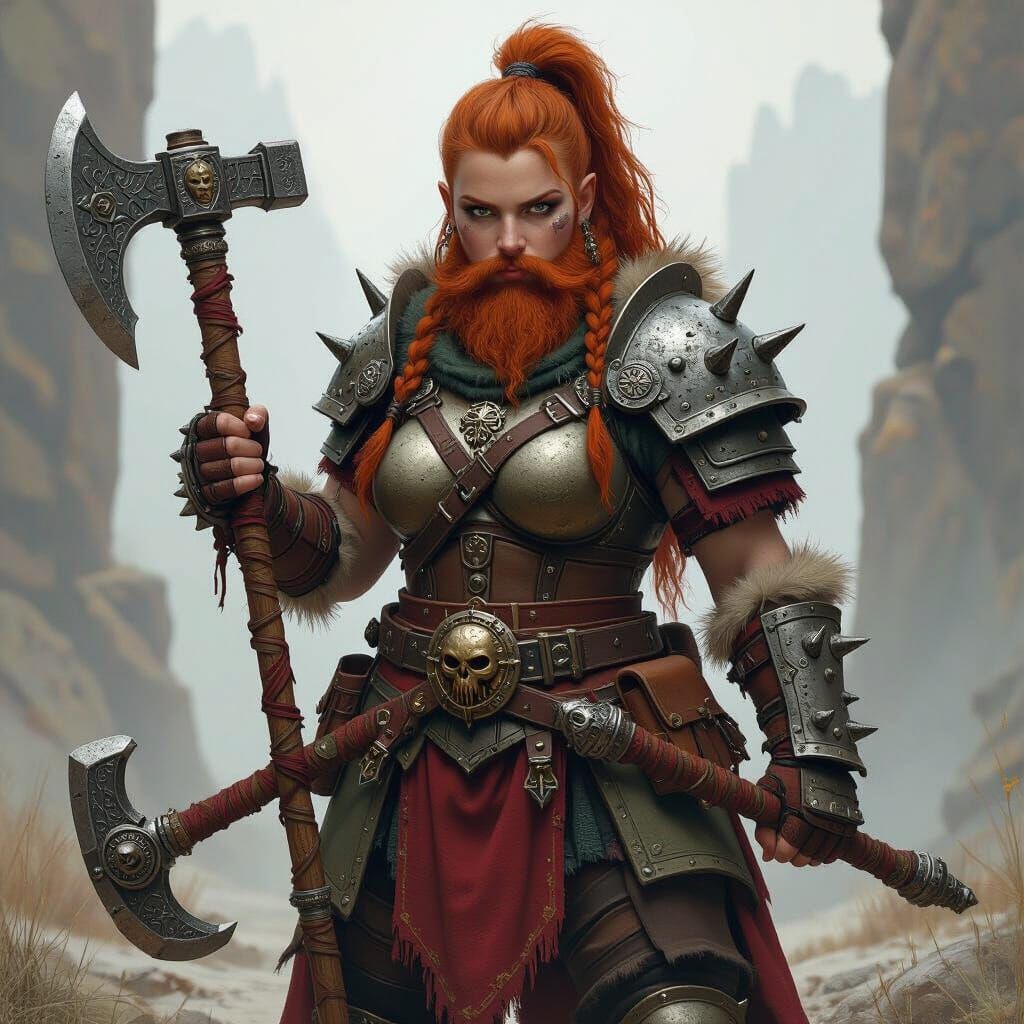 Red-Haired Dwarf Barbarian with Enchanted Maul
